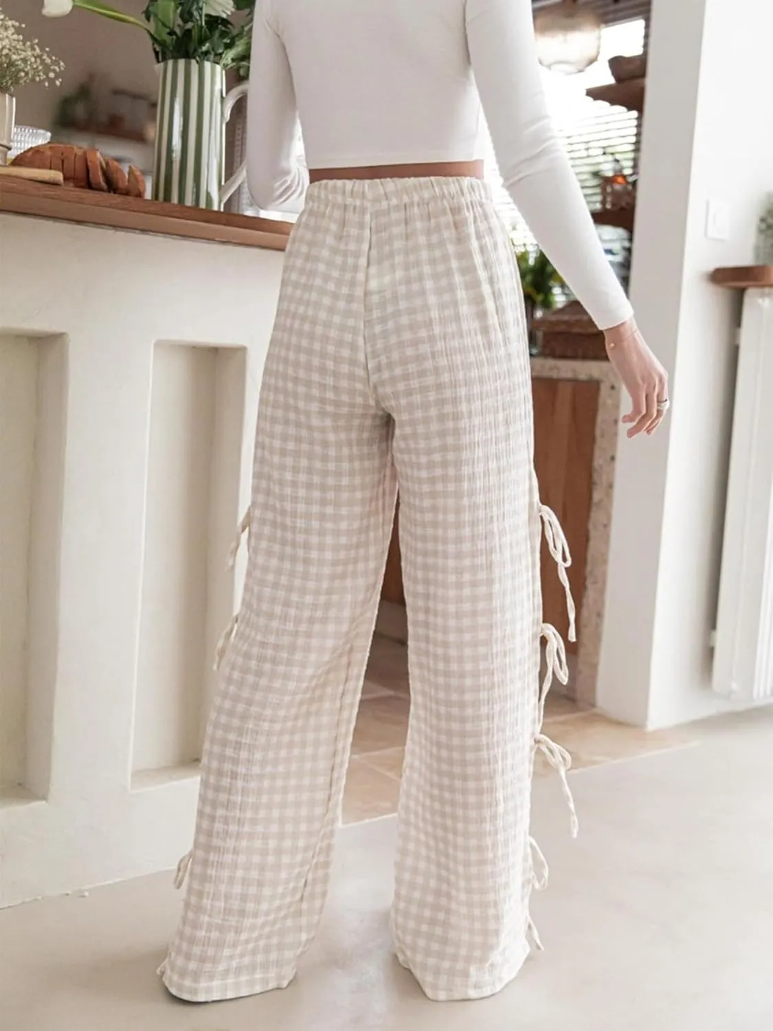 Women Bow Tie Side Split Wide Leg Y2k Plaid Pants High Waist Print Lounge Pants Trousers