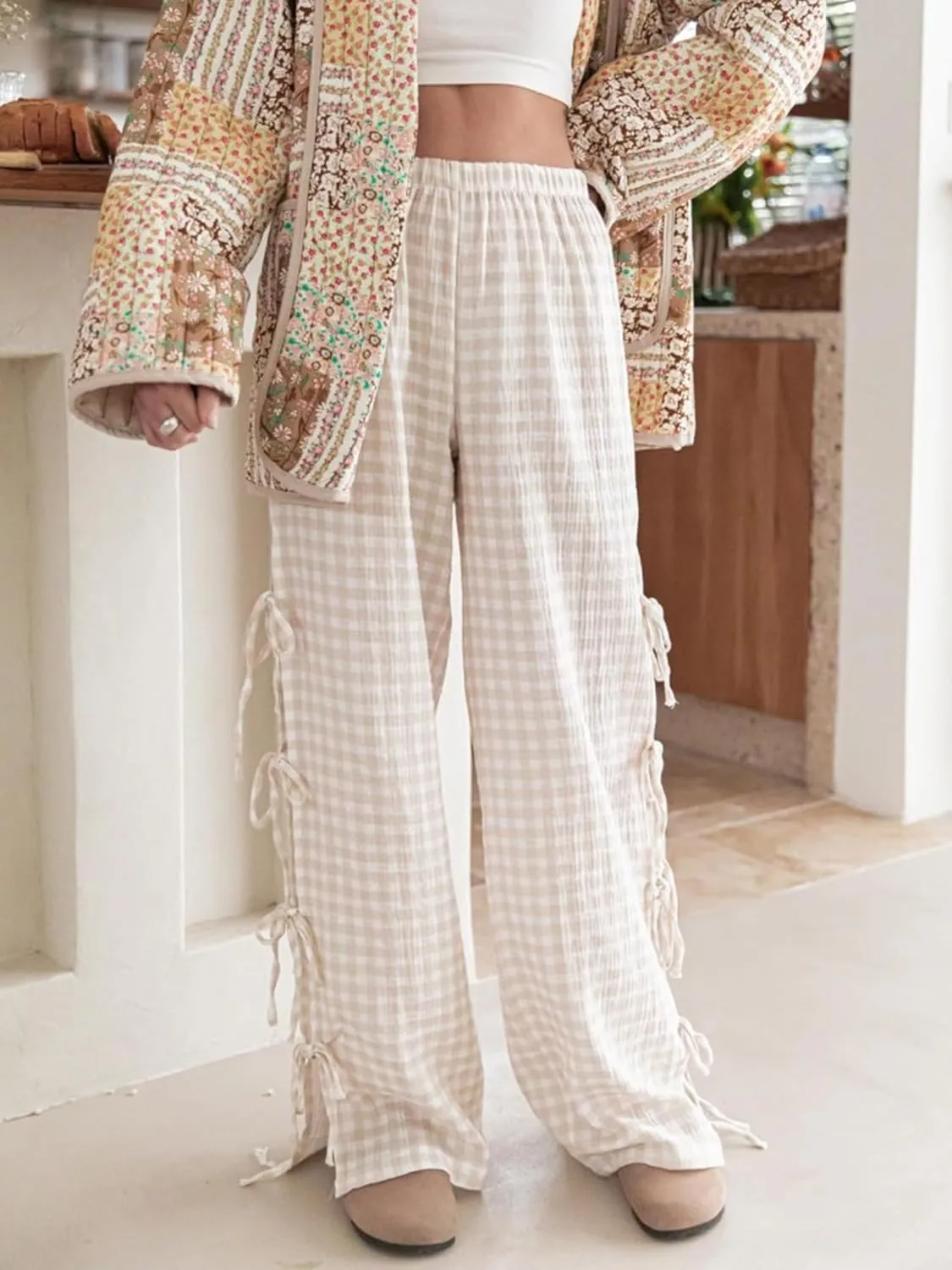 Women Bow Tie Side Split Wide Leg Y2k Plaid Pants High Waist Print Lounge Pants Trousers
