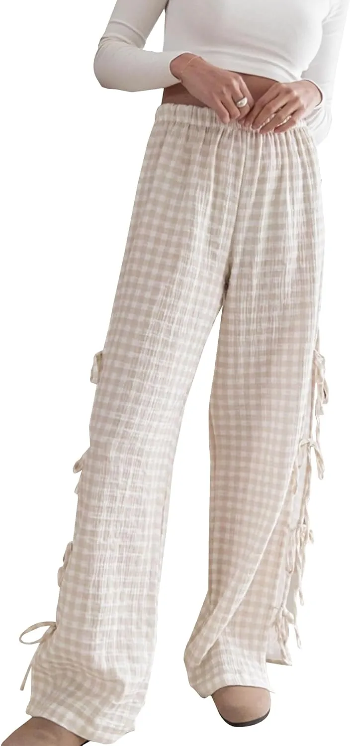 Women Bow Tie Side Split Wide Leg Y2k Plaid Pants High Waist Print Lounge Pants Trousers