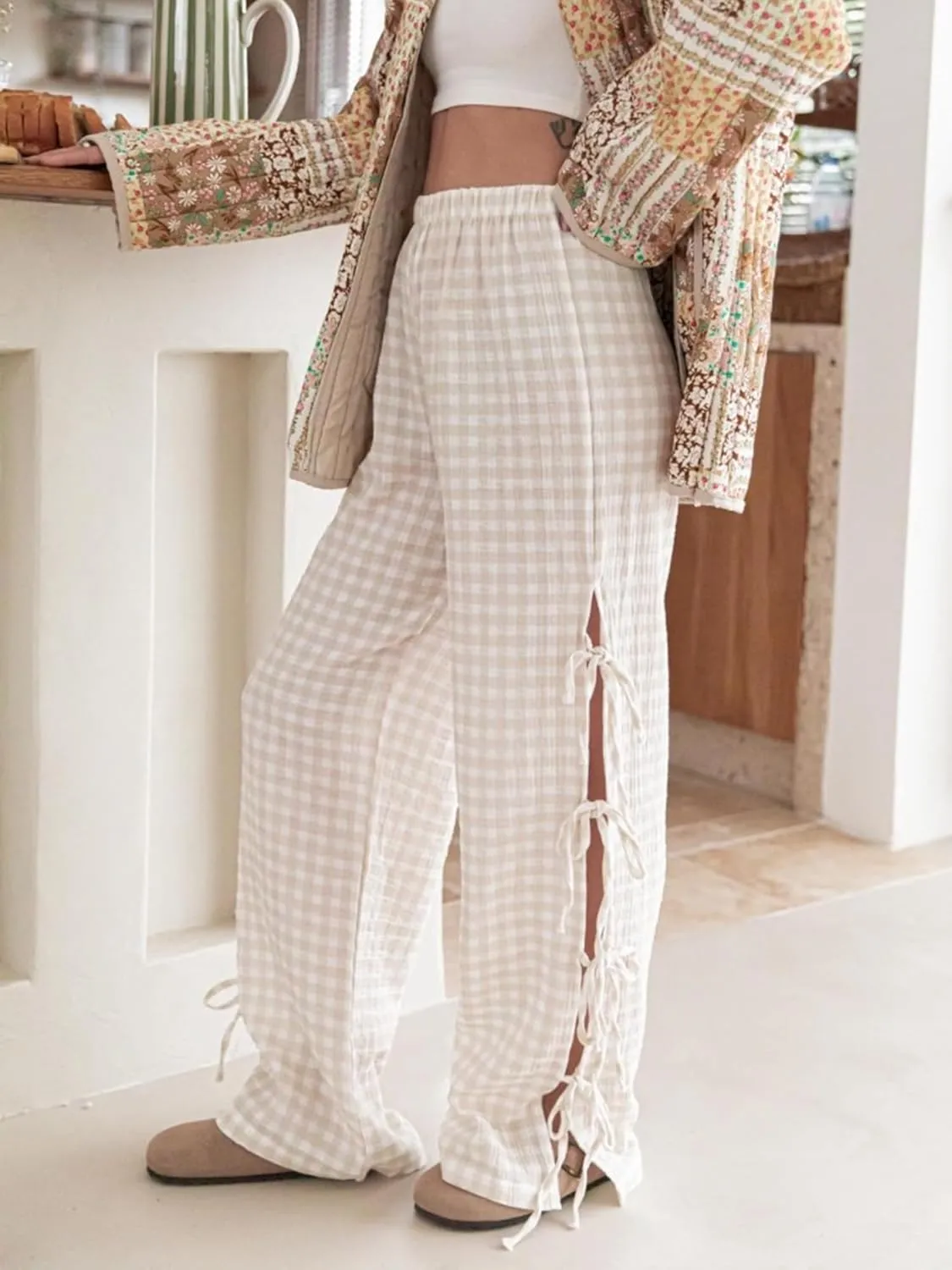 Women Bow Tie Side Split Wide Leg Y2k Plaid Pants High Waist Print Lounge Pants Trousers