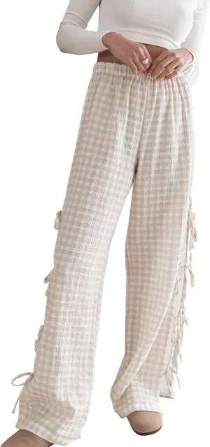 Women Bow Tie Side Split Wide Leg Y2k Plaid Pants High Waist Print Lounge Pants Trousers