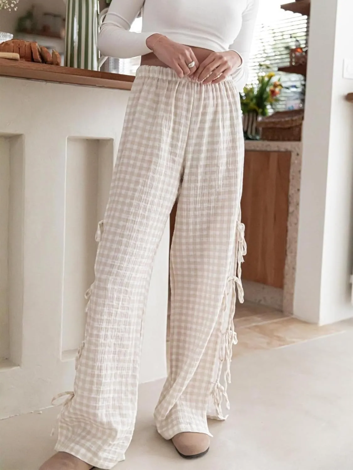 Women Bow Tie Side Split Wide Leg Y2k Plaid Pants High Waist Print Lounge Pants Trousers
