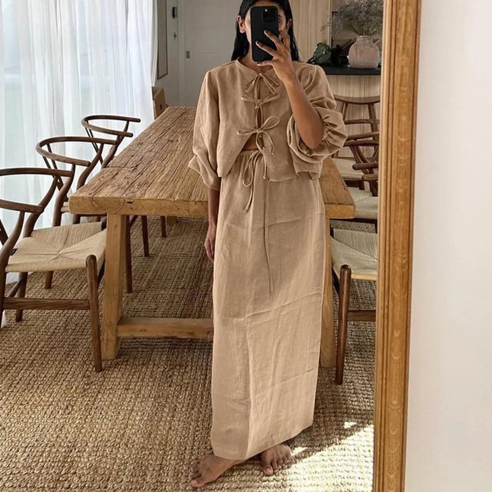Women Casual Loose Linen 2 Piece Sets Women Outfit Puff Long Sleeve Tie Up Blouse High Waist Long Skirts Set