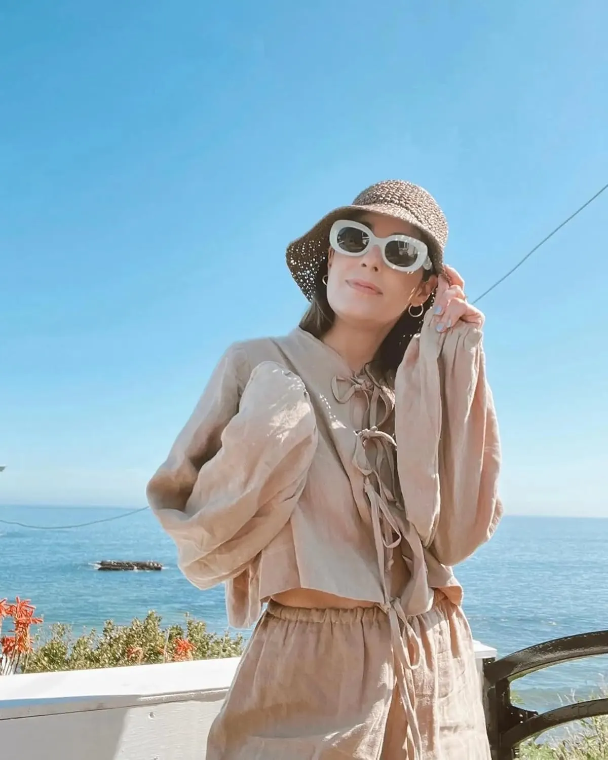 Women Casual Loose Linen 2 Piece Sets Women Outfit Puff Long Sleeve Tie Up Blouse High Waist Long Skirts Set