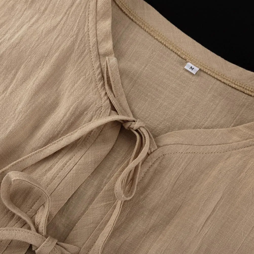 Women Casual Loose Linen 2 Piece Sets Women Outfit Puff Long Sleeve Tie Up Blouse High Waist Long Skirts Set