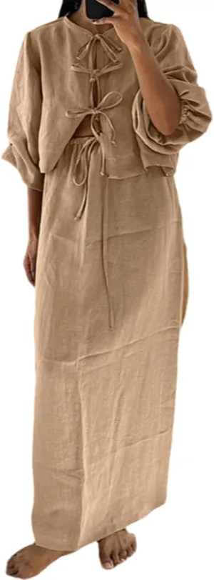 Women Casual Loose Linen 2 Piece Sets Women Outfit Puff Long Sleeve Tie Up Blouse High Waist Long Skirts Set