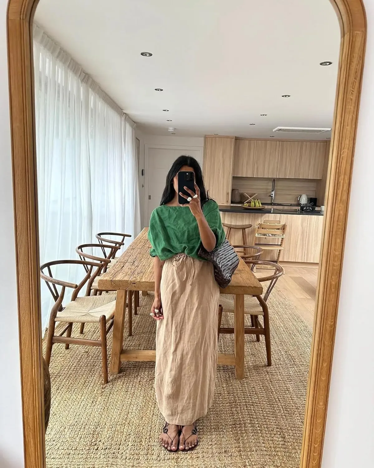 Women Casual Loose Linen 2 Piece Sets Women Outfit Puff Long Sleeve Tie Up Blouse High Waist Long Skirts Set