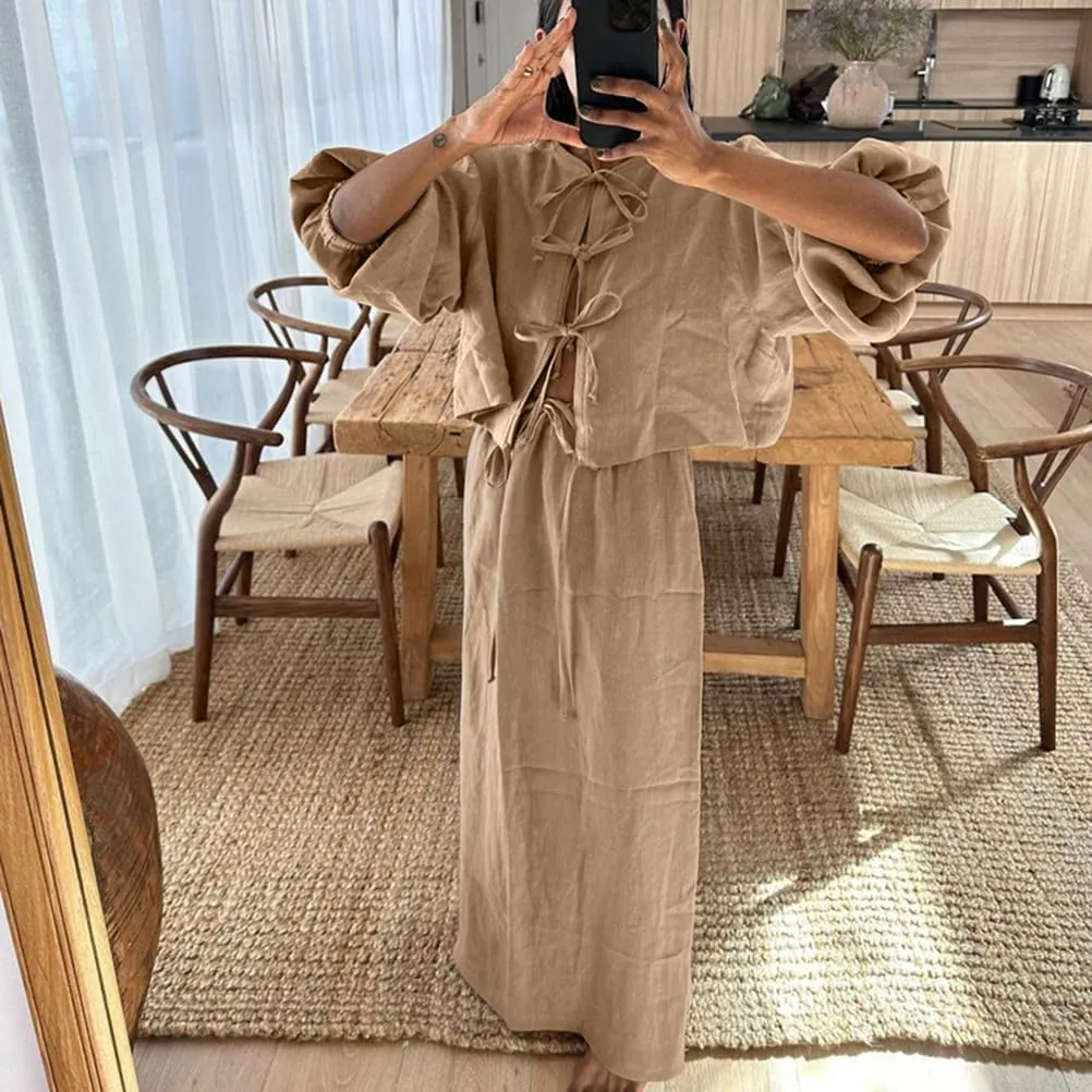 Women Casual Loose Linen 2 Piece Sets Women Outfit Puff Long Sleeve Tie Up Blouse High Waist Long Skirts Set