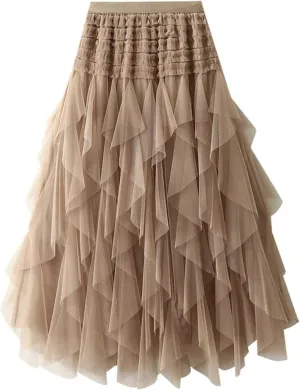 Women High Elastic Waist Mesh Layered Long Fairy Tulle Skirt Irregular Hem Pleated Tutu A-Line Midi Skirts