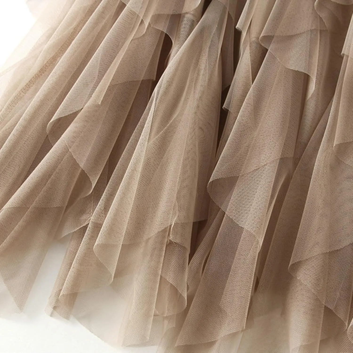 Women High Elastic Waist Mesh Layered Long Fairy Tulle Skirt Irregular Hem Pleated Tutu A-Line Midi Skirts