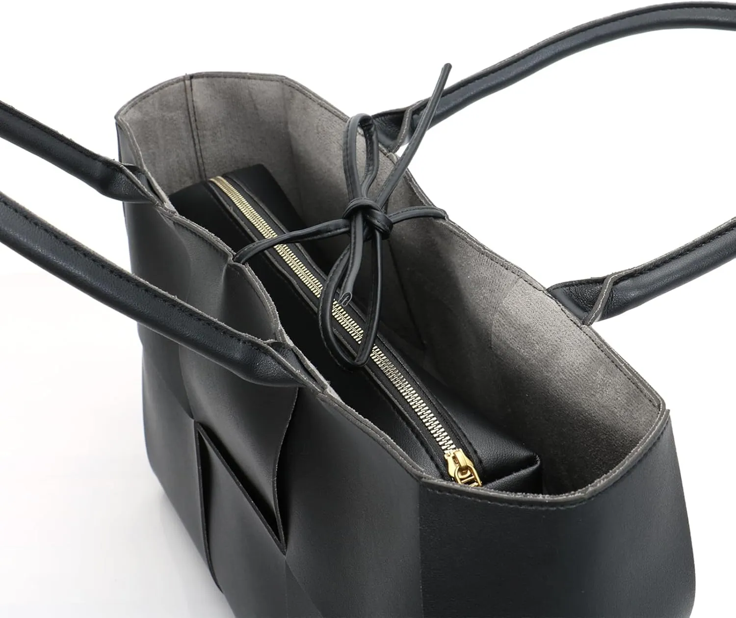 Women Leather Woven Shoulder Bag,Ladies Top Handle Satchel Tote Work Bag with Matching Clutch