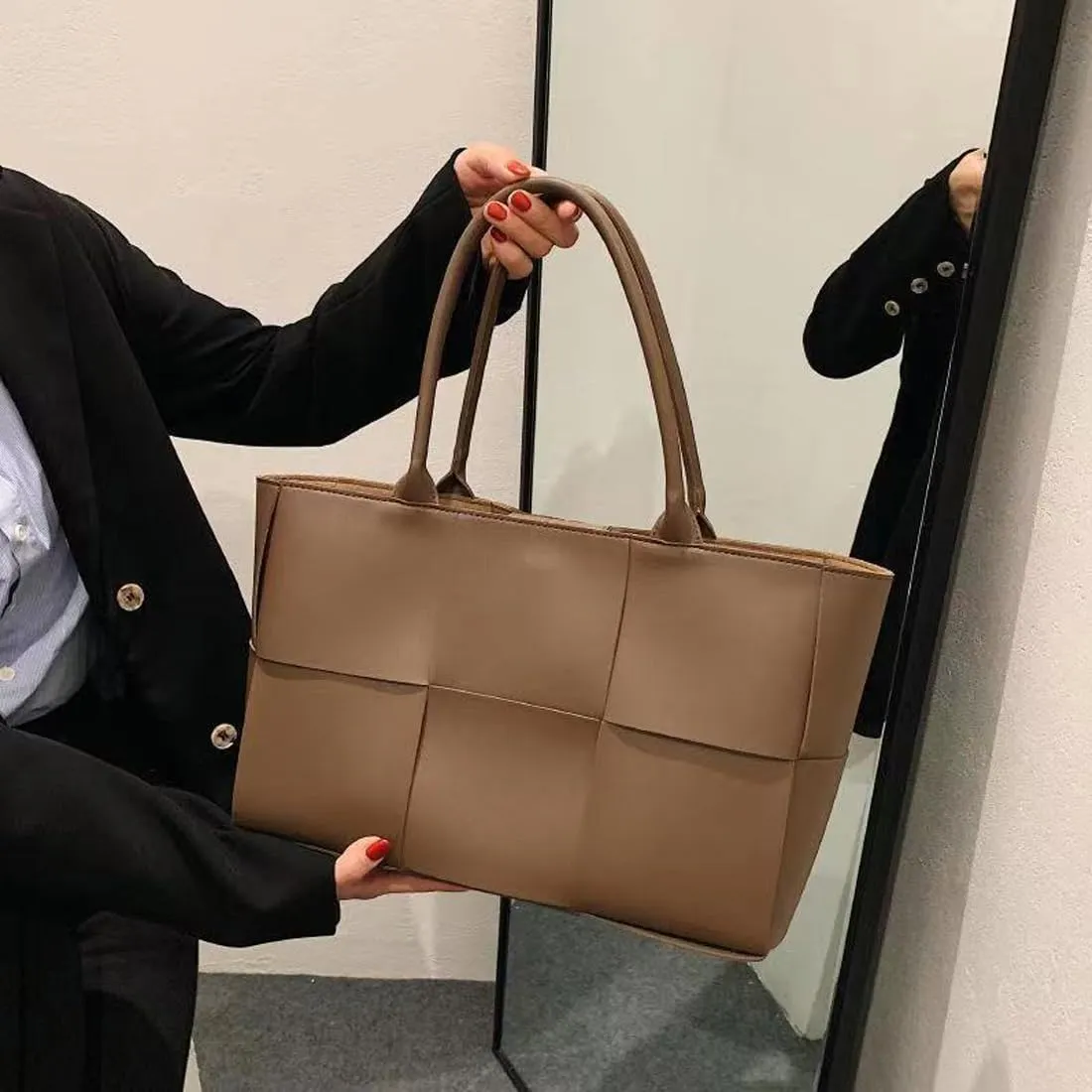 Women Leather Woven Shoulder Bag,Ladies Top Handle Satchel Tote Work Bag with Matching Clutch