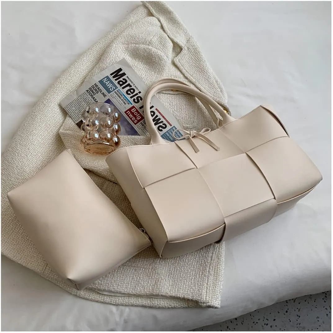 Women Leather Woven Shoulder Bag,Ladies Top Handle Satchel Tote Work Bag with Matching Clutch
