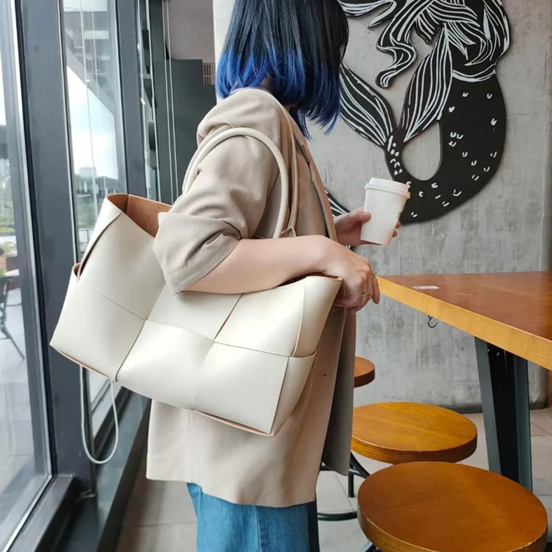 Women Leather Woven Shoulder Bag,Ladies Top Handle Satchel Tote Work Bag with Matching Clutch