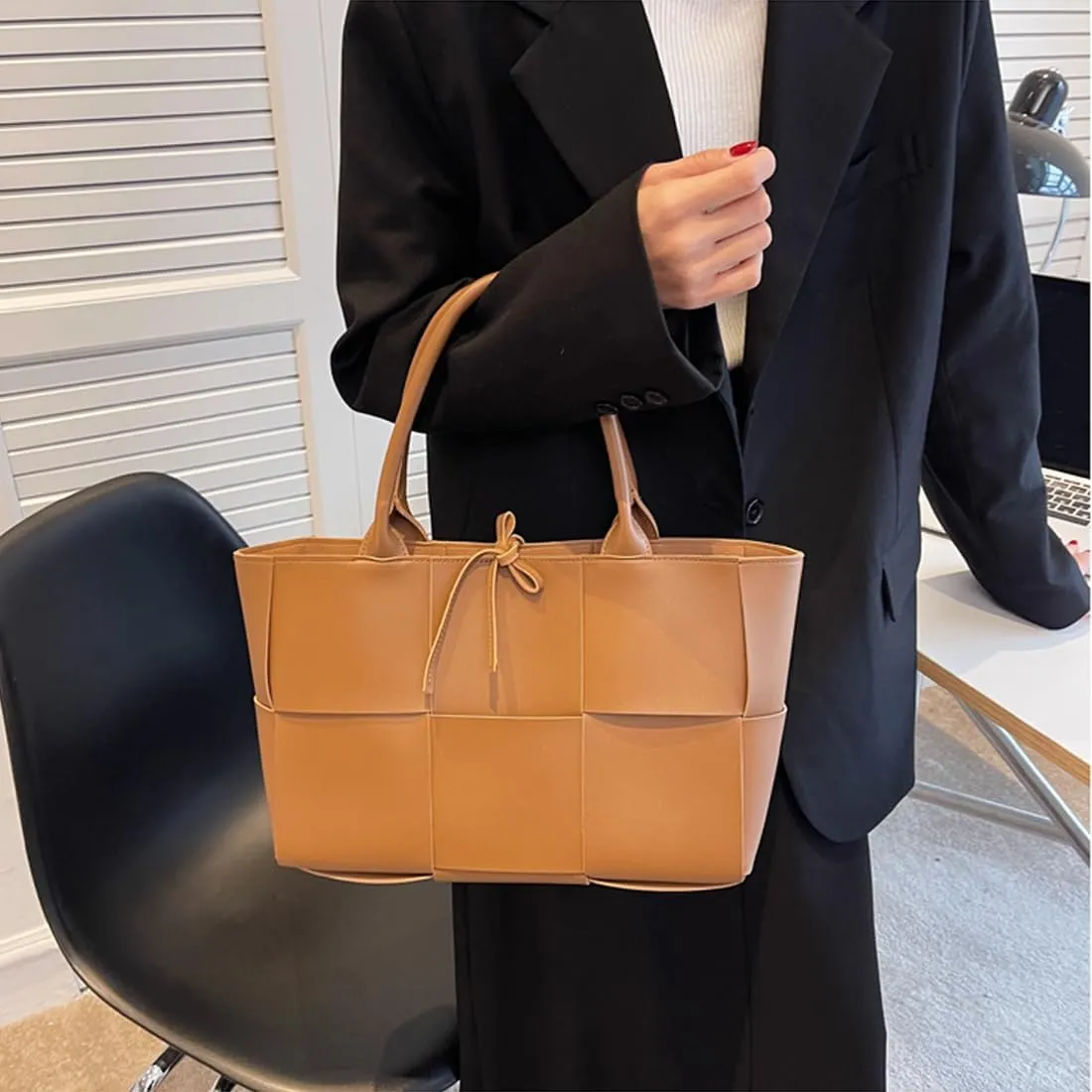 Women Leather Woven Shoulder Bag,Ladies Top Handle Satchel Tote Work Bag with Matching Clutch