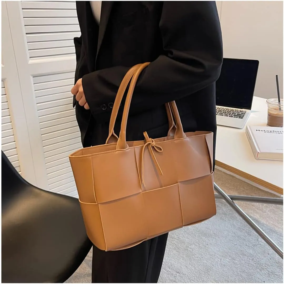 Women Leather Woven Shoulder Bag,Ladies Top Handle Satchel Tote Work Bag with Matching Clutch