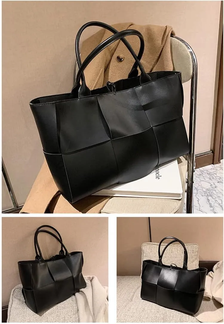 Women Leather Woven Shoulder Bag,Ladies Top Handle Satchel Tote Work Bag with Matching Clutch
