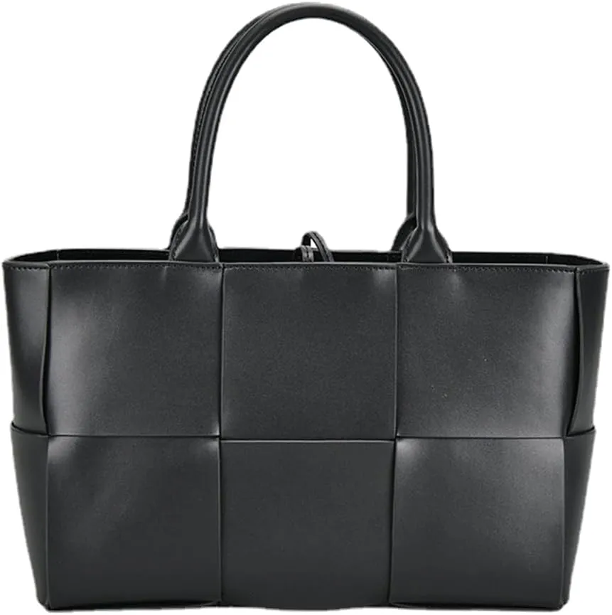 Women Leather Woven Shoulder Bag,Ladies Top Handle Satchel Tote Work Bag with Matching Clutch