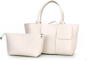 Women Leather Woven Shoulder Bag,Ladies Top Handle Satchel Tote Work Bag with Matching Clutch