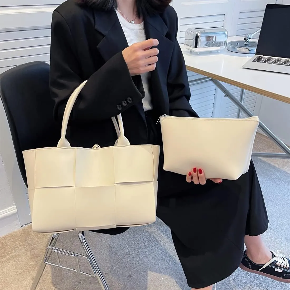 Women Leather Woven Shoulder Bag,Ladies Top Handle Satchel Tote Work Bag with Matching Clutch