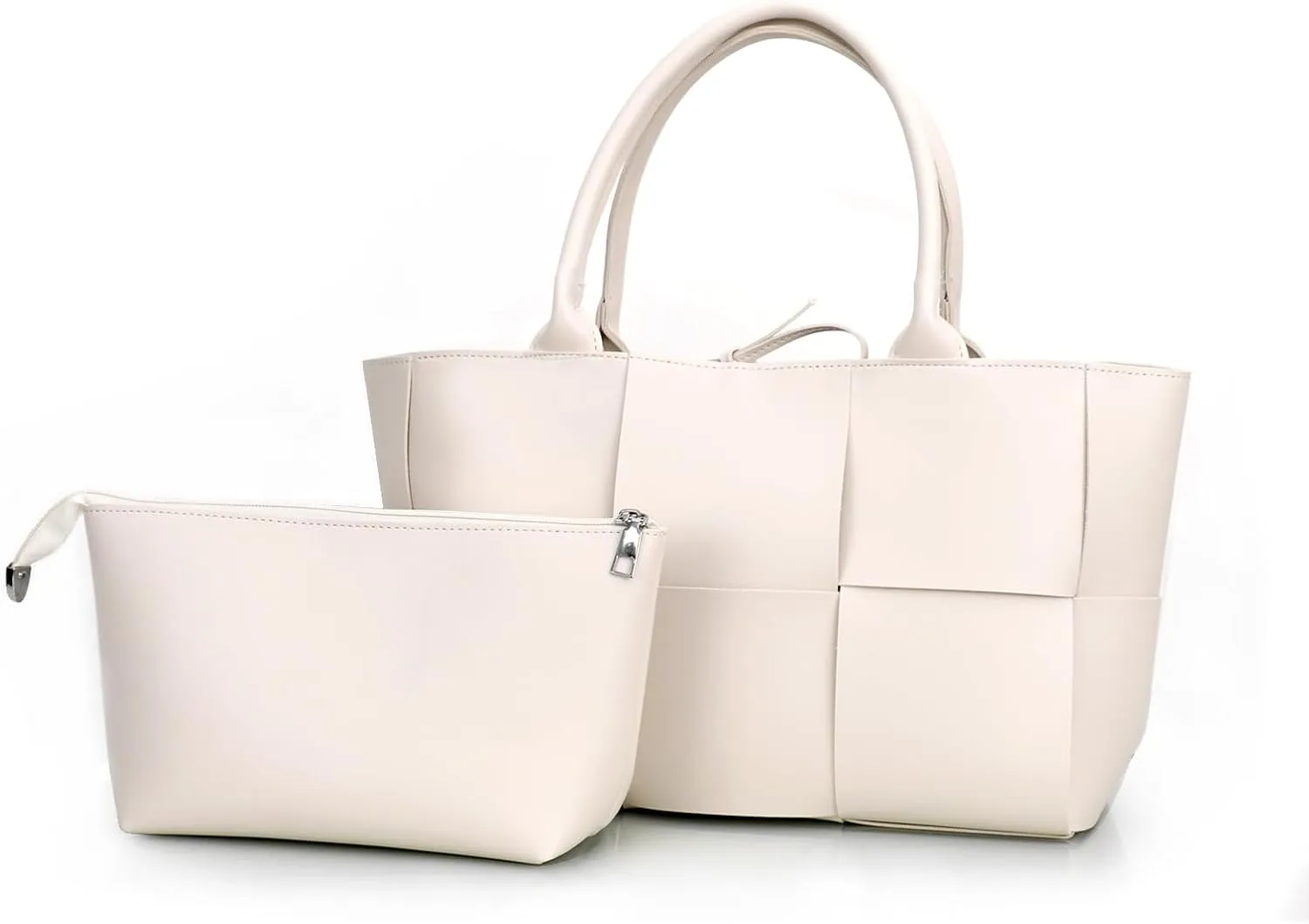 Women Leather Woven Shoulder Bag,Ladies Top Handle Satchel Tote Work Bag with Matching Clutch