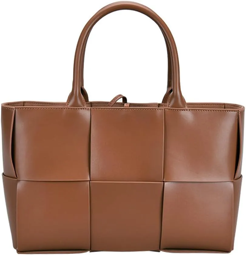 Women Leather Woven Shoulder Bag,Ladies Top Handle Satchel Tote Work Bag with Matching Clutch