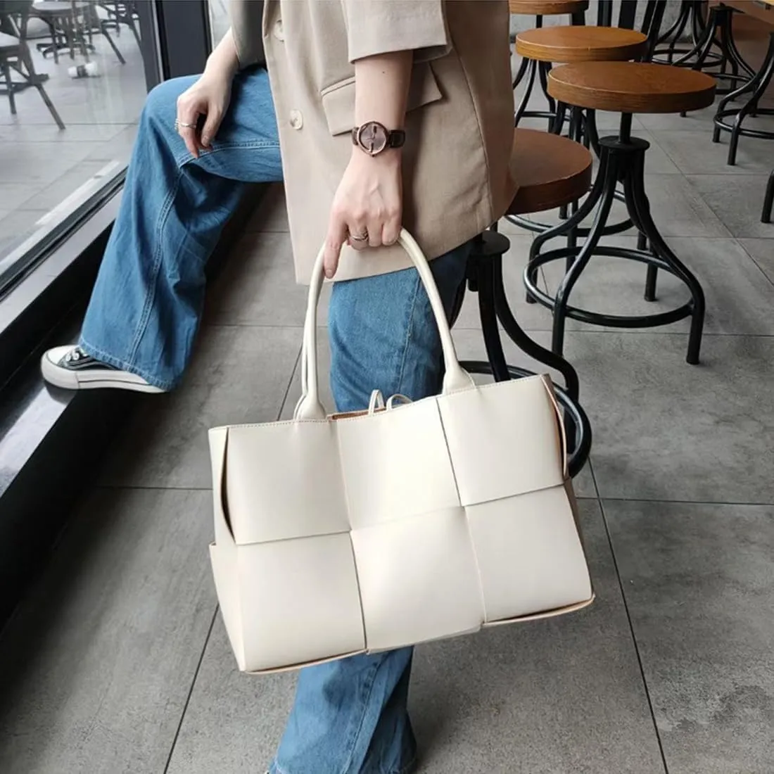 Women Leather Woven Shoulder Bag,Ladies Top Handle Satchel Tote Work Bag with Matching Clutch