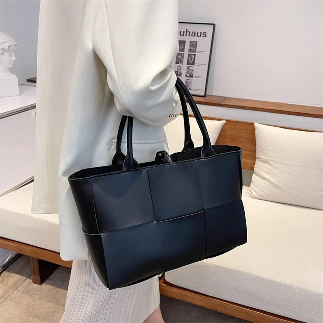 Women Leather Woven Shoulder Bag,Ladies Top Handle Satchel Tote Work Bag with Matching Clutch
