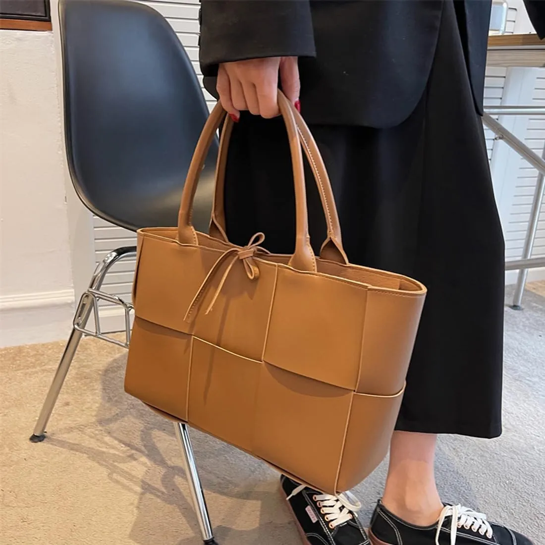 Women Leather Woven Shoulder Bag,Ladies Top Handle Satchel Tote Work Bag with Matching Clutch