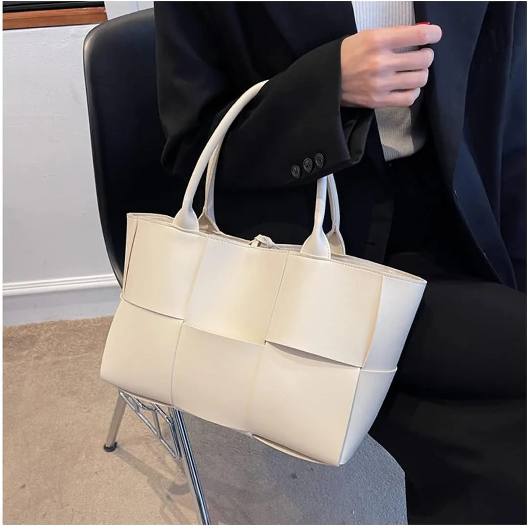 Women Leather Woven Shoulder Bag,Ladies Top Handle Satchel Tote Work Bag with Matching Clutch