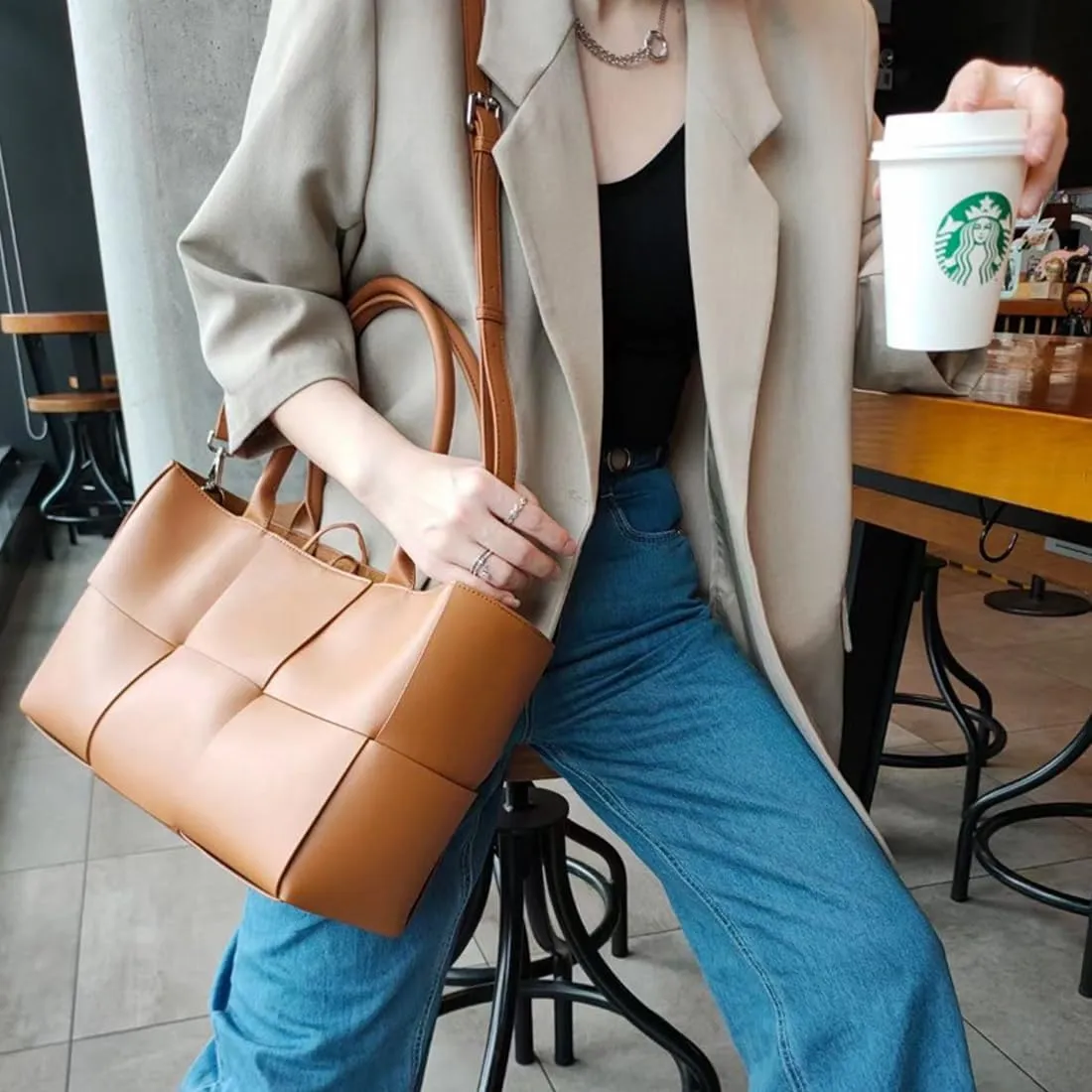 Women Leather Woven Shoulder Bag,Ladies Top Handle Satchel Tote Work Bag with Matching Clutch