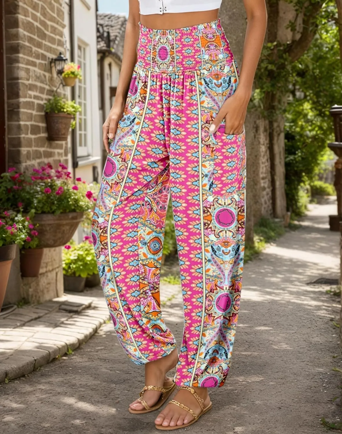 Women Loose Baggy Boho Floral Print Harem Hippie Pant Casual High Waist Yoga Beach Palazzo Trouser Jogger with Pocket