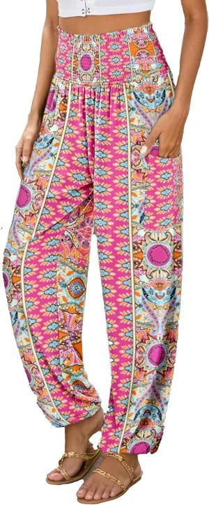 Women Loose Baggy Boho Floral Print Harem Hippie Pant Casual High Waist Yoga Beach Palazzo Trouser Jogger with Pocket