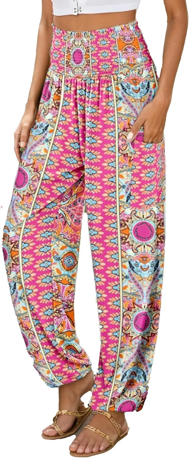 Women Loose Baggy Boho Floral Print Harem Hippie Pant Casual High Waist Yoga Beach Palazzo Trouser Jogger with Pocket