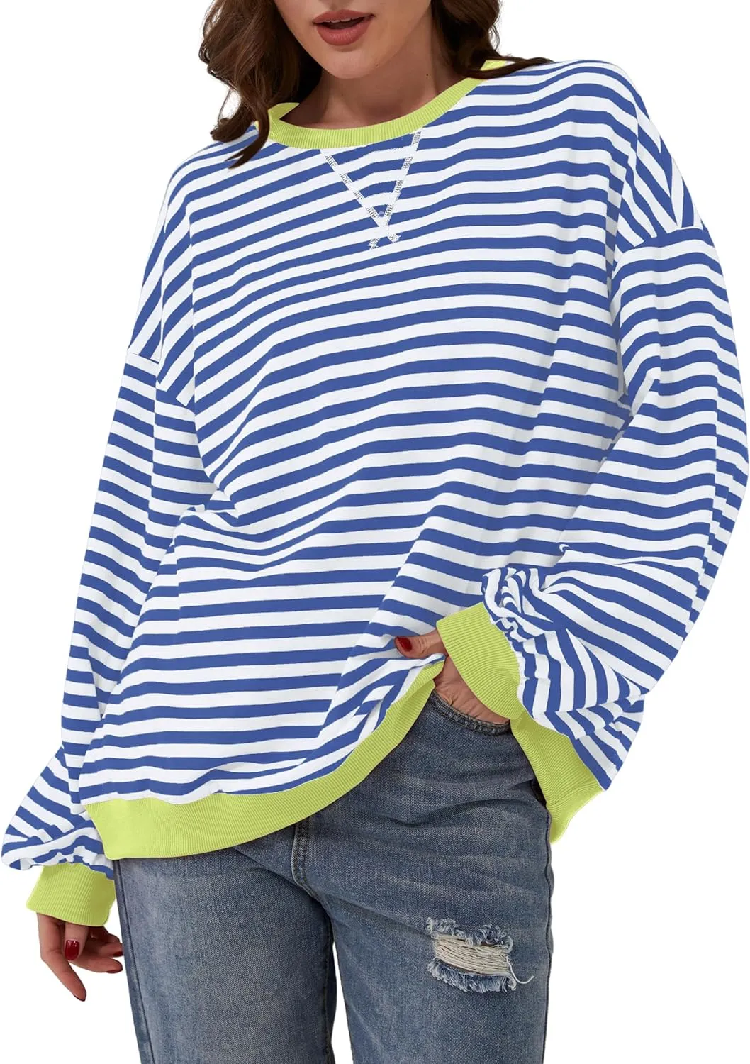 Women Oversized Striped Sweatshirt Loose Pullover Long Sleeve Fall 2024 Casual Hoodies Y2K Crew Neck Sweater