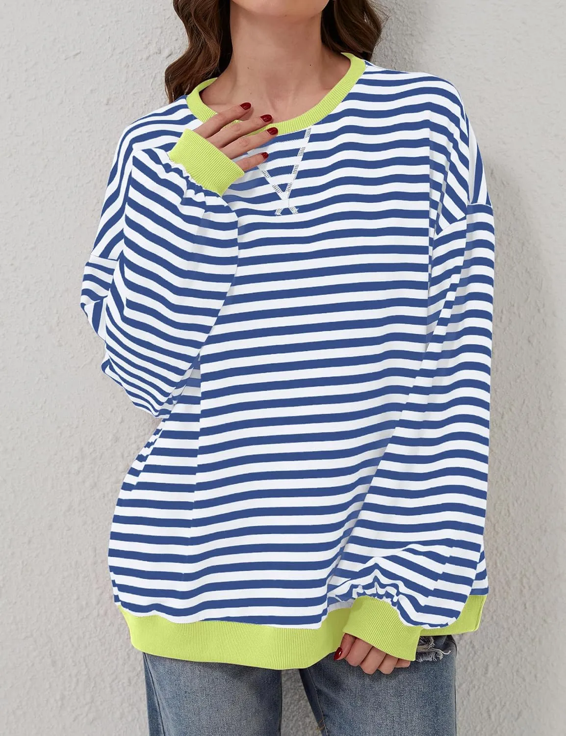 Women Oversized Striped Sweatshirt Loose Pullover Long Sleeve Fall 2024 Casual Hoodies Y2K Crew Neck Sweater