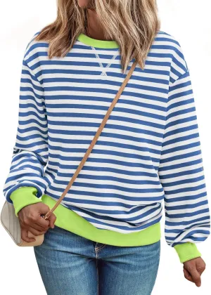 Women Oversized Striped Sweatshirt Loose Pullover Long Sleeve Fall 2024 Casual Hoodies Y2K Crew Neck Sweater