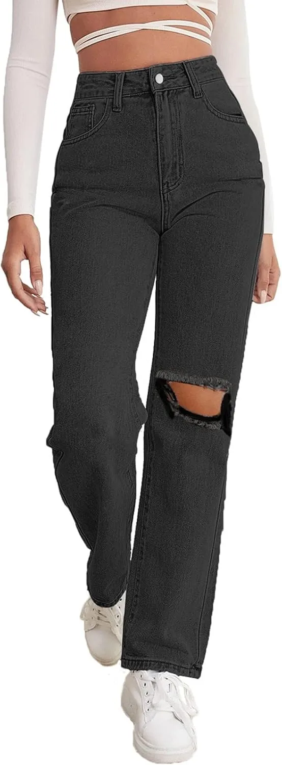 Women Ripped Boyfriend Jeans High Waist Baggy Denim Pants Y2K Distressed Streetwear Vintage Hiphop Dance Trousers