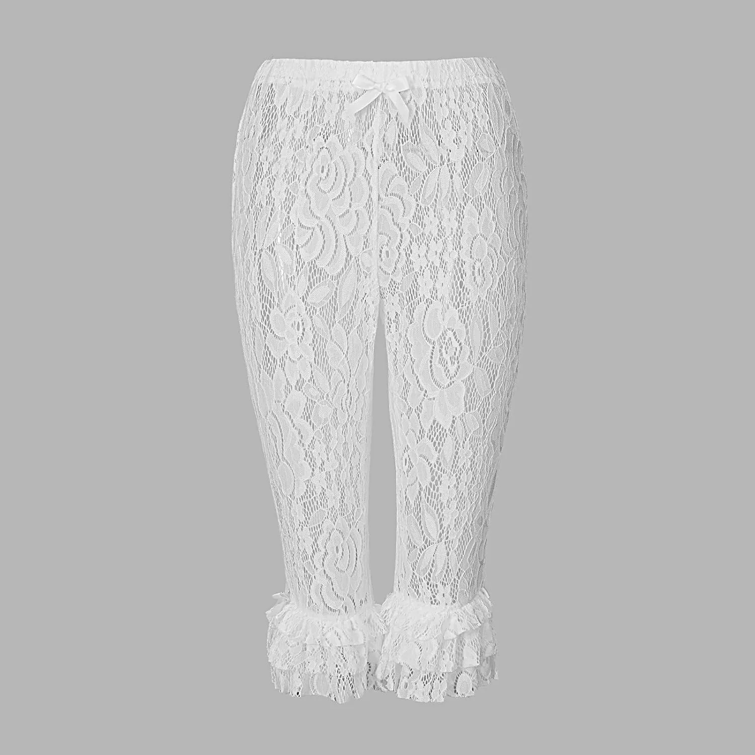 Women Ruffle Lace Capri Leggings Summer Half Slips Under Dress Slim Fitted See Through Sheer Mesh Cropped Pants