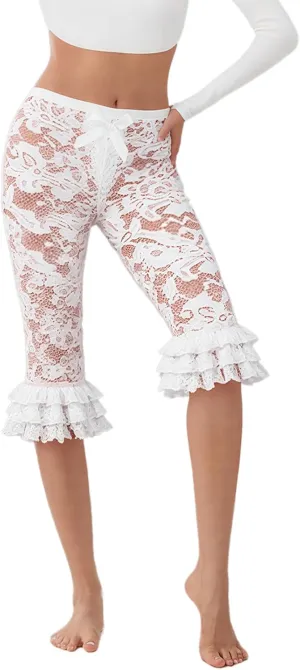 Women Ruffle Lace Capri Leggings Summer Half Slips Under Dress Slim Fitted See Through Sheer Mesh Cropped Pants