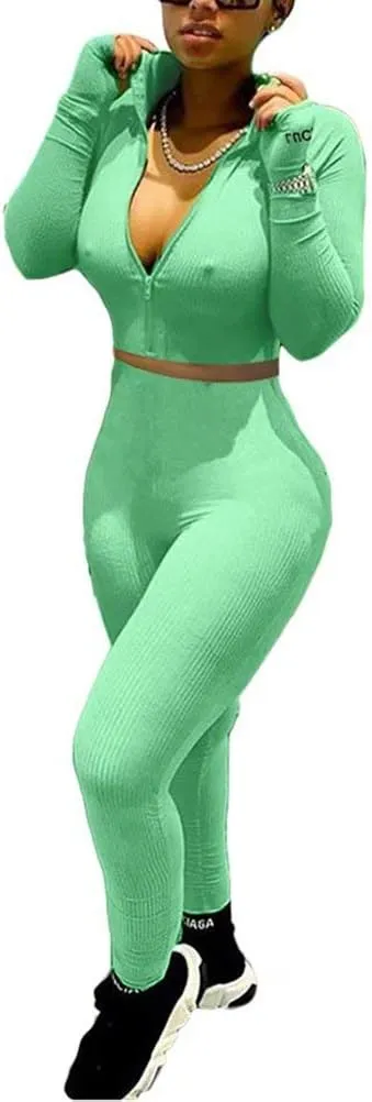Women Sexy 2 Piece Outfits Ribbed Zipper High Neck Crop Top Thumb Holes Long Bodycon Pants Set Tracksuit Clubwear