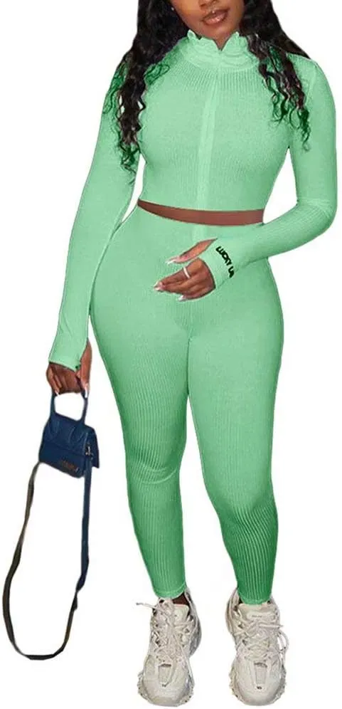 Women Sexy 2 Piece Outfits Ribbed Zipper High Neck Crop Top Thumb Holes Long Bodycon Pants Set Tracksuit Clubwear