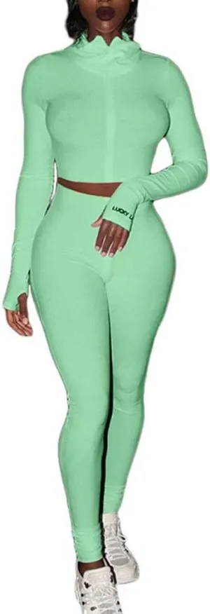 Women Sexy 2 Piece Outfits Ribbed Zipper High Neck Crop Top Thumb Holes Long Bodycon Pants Set Tracksuit Clubwear