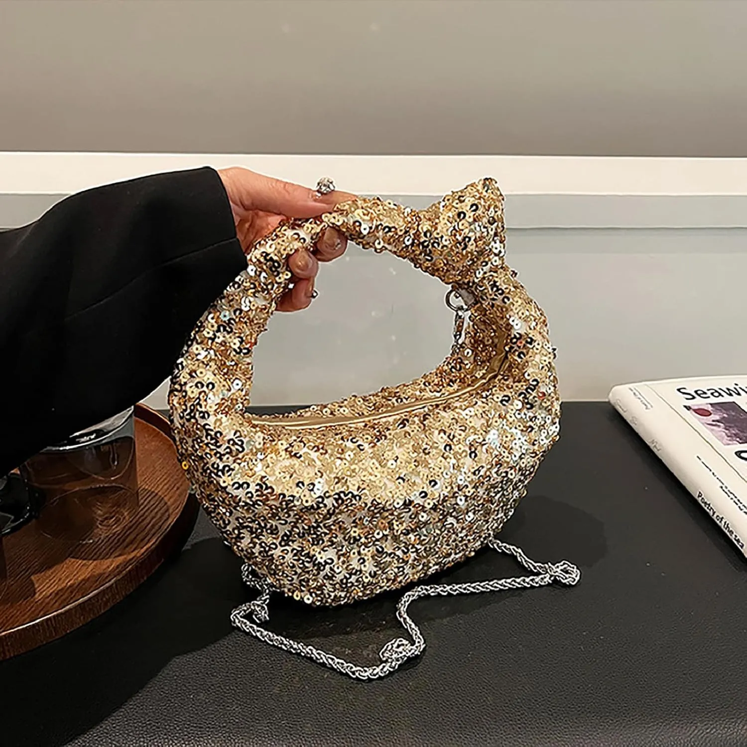 Women Sparkle Sequins Knotted Underarm Shoulder Bag Fashion zipper Glitter Hobo Dumpling bags Evening Clutch Crossbody
