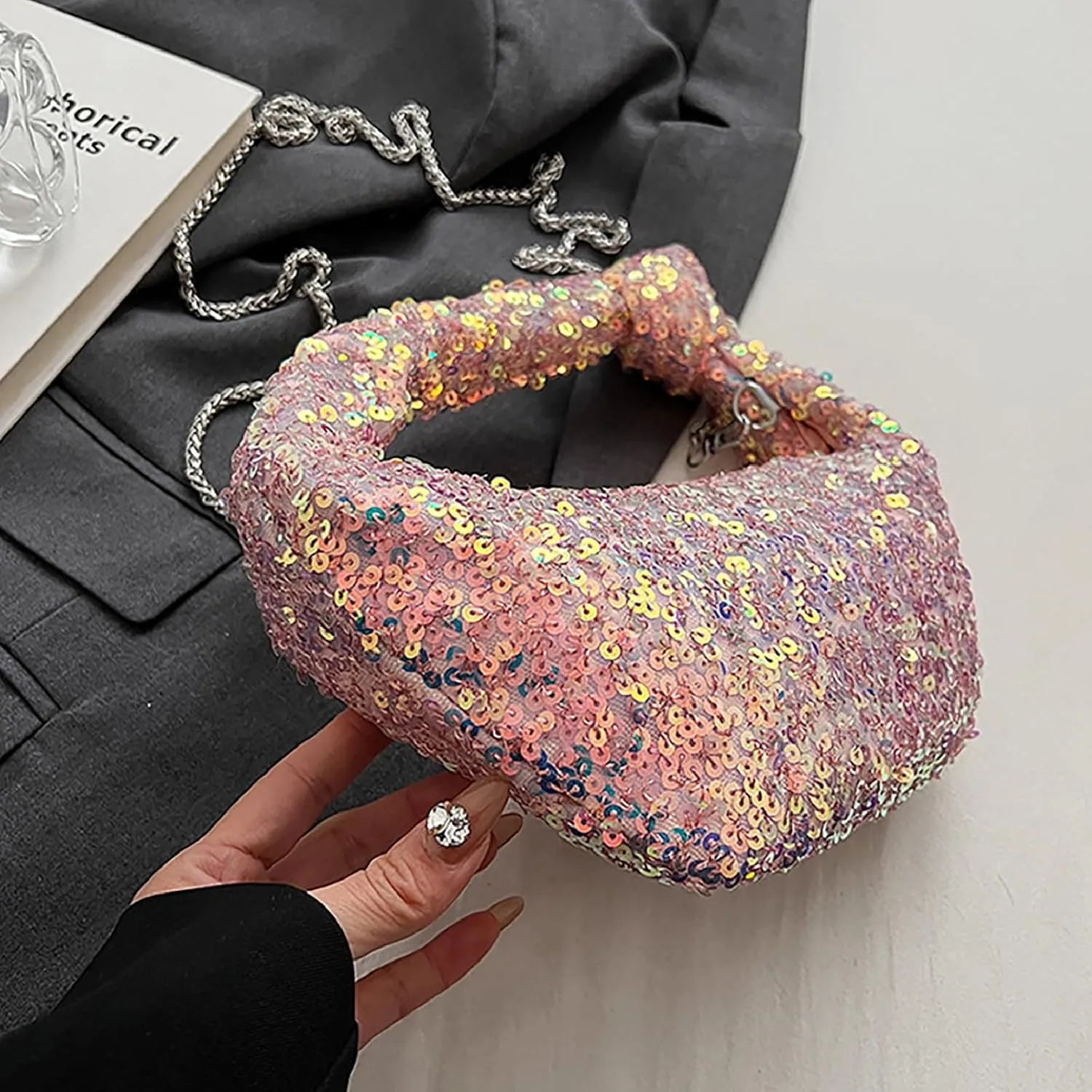 Women Sparkle Sequins Knotted Underarm Shoulder Bag Fashion zipper Glitter Hobo Dumpling bags Evening Clutch Crossbody