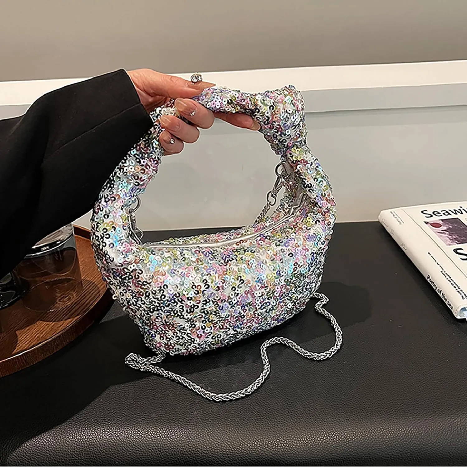 Women Sparkle Sequins Knotted Underarm Shoulder Bag Fashion zipper Glitter Hobo Dumpling bags Evening Clutch Crossbody