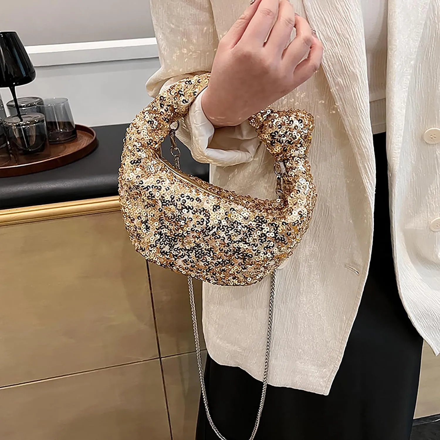 Women Sparkle Sequins Knotted Underarm Shoulder Bag Fashion zipper Glitter Hobo Dumpling bags Evening Clutch Crossbody