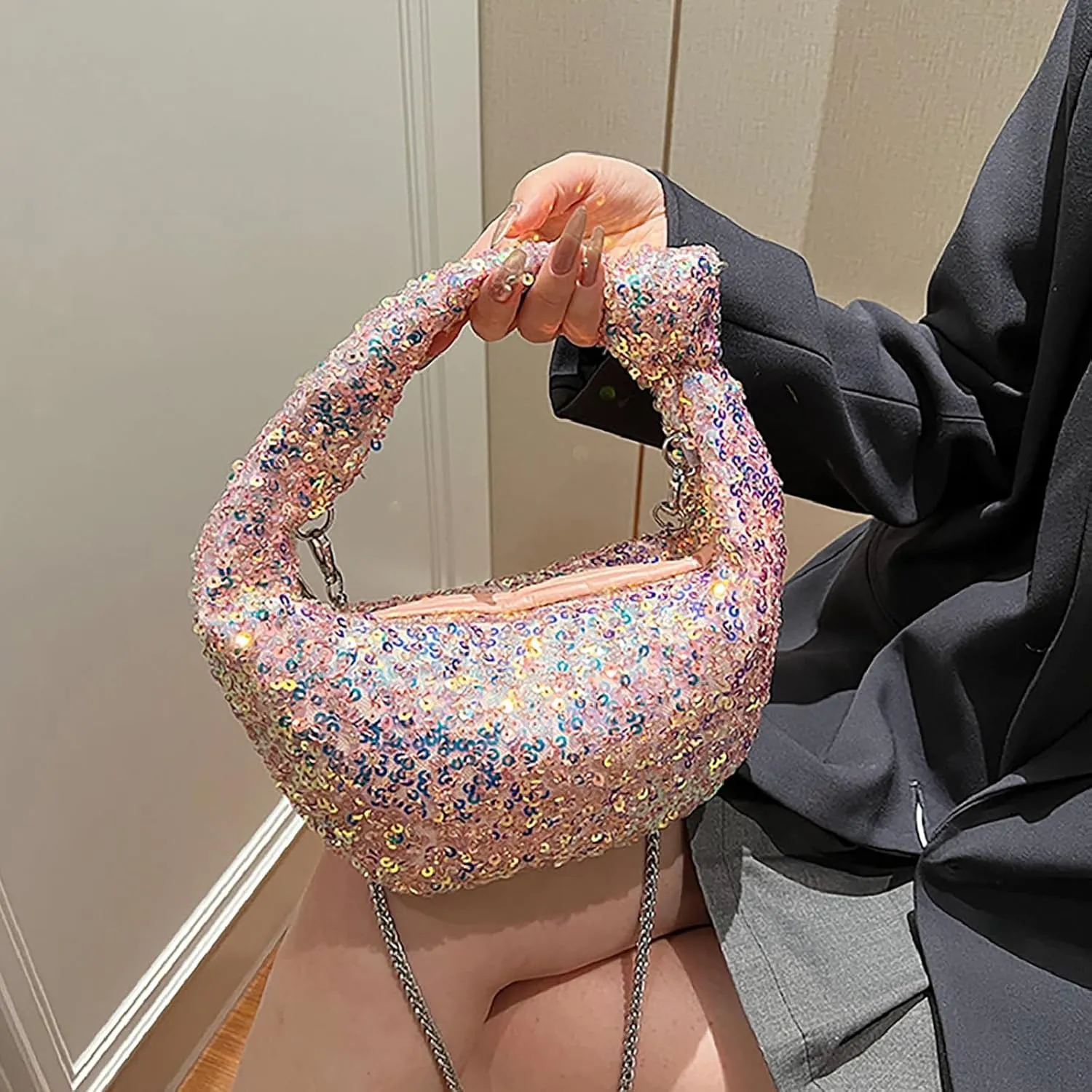 Women Sparkle Sequins Knotted Underarm Shoulder Bag Fashion zipper Glitter Hobo Dumpling bags Evening Clutch Crossbody