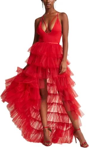 Women Tulle Tutu Long Skirt Victorian Steampunk Bustle Layered Skirt Self-Tied Belt High Low Maxi Prom Party Skirt