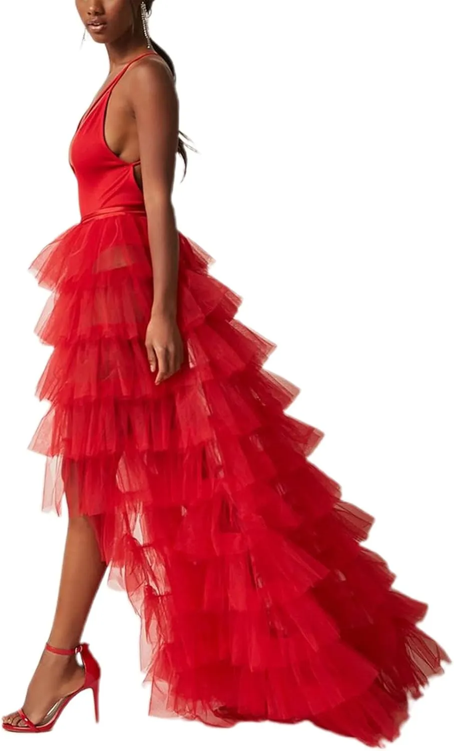 Women Tulle Tutu Long Skirt Victorian Steampunk Bustle Layered Skirt Self-Tied Belt High Low Maxi Prom Party Skirt